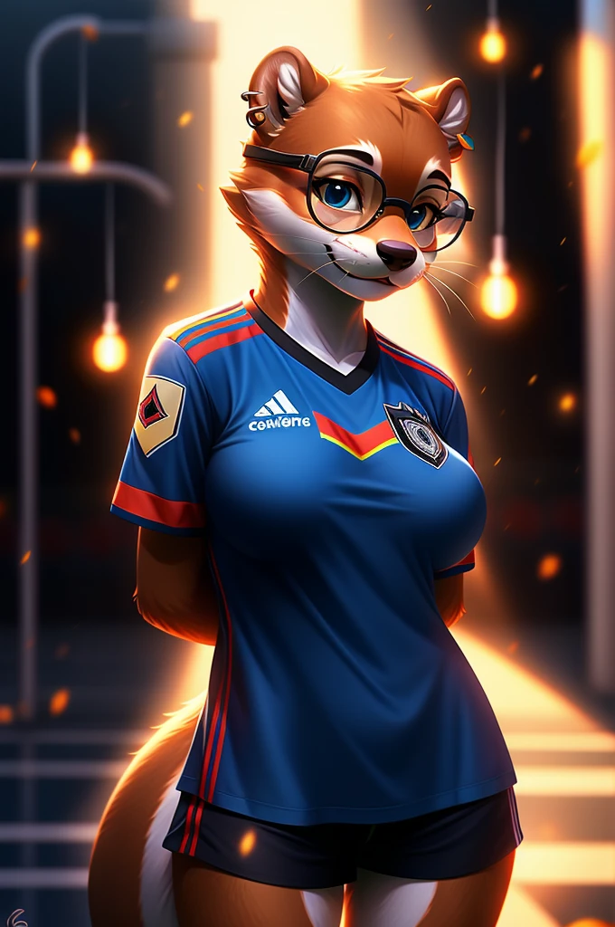 (hands behind back), otter, female, white fur, super cute face, blue aviator glasses, ear piercing, big breast, detail elements on fur, UEFA European Soccer Championship Shirt, ((Germany Shirt)), beautiful lights and shadows, ambient light, super fine fur, volumetric light,