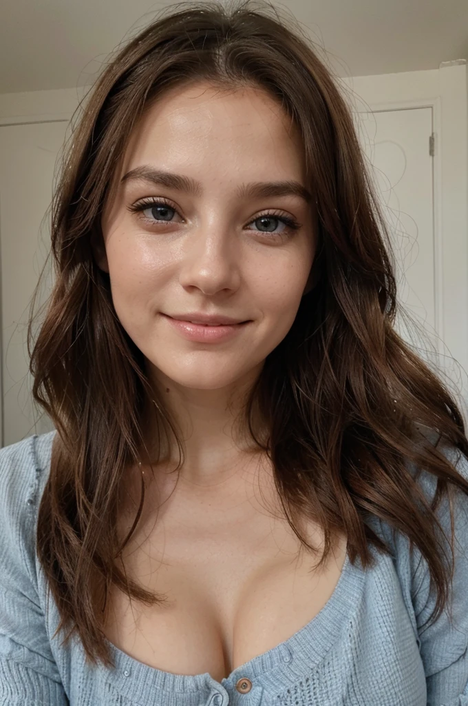 Créer une image d'une jeune fille avec de beaux cheveux bruns, des yeux fermés et un visage attrayant. Les traits de son visage doivent être harmonieux, avec un sourire doux et charmant. Ses cheveux doivent être longs et brillants, encadrant délicatement son visage. Les yeux doivent être fermées. L'ensemble de son apparence doit dégager une beauté naturelle et une aura de gentillesse