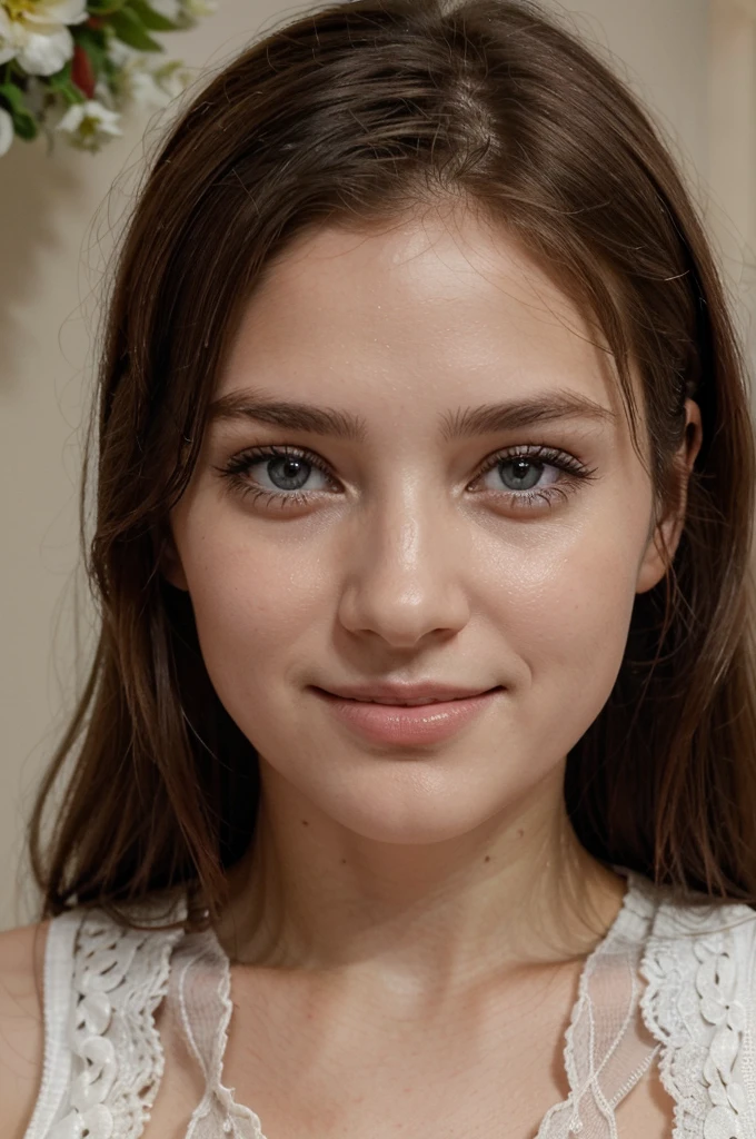 Créer une image d'une jeune fille avec de beaux cheveux bruns, des yeux fermés et un visage attrayant. Les traits de son visage doivent être harmonieux, avec un sourire doux et charmant. Ses cheveux doivent être longs et brillants, encadrant délicatement son visage. Les yeux doivent être fermées. L'ensemble de son apparence doit dégager une beauté naturelle et une aura de gentillesse