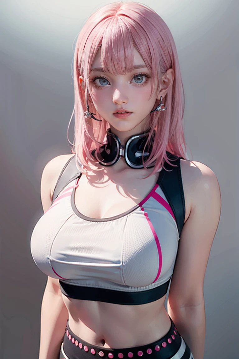 Highest quality, Ultra-high resolution, Realistic, Cyberpunk sexy pink hair girl、Take photos in a studio environment with a gray background, View your viewers, Upper Body, thin, Visible Cracks, Crop top,Big Breasts,(((The clothes are transparent))),(NSFW:0.5)