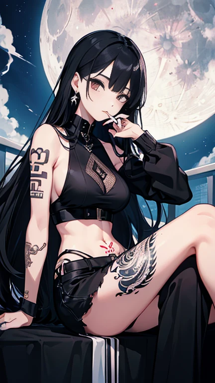 Woman holding a cigarette、Black long hair、eye shadow、stage、sit、Earrings、Tattoo(moon)、Tattoo(snake)