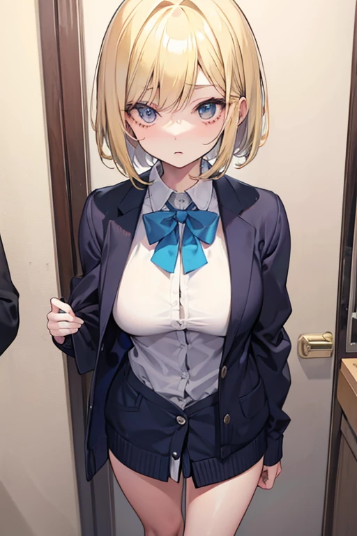 masterpiece　blonde　Bob　high school girl　small　Big Breasts　cardigan　whole body　Gal Detective　thin　Very scared