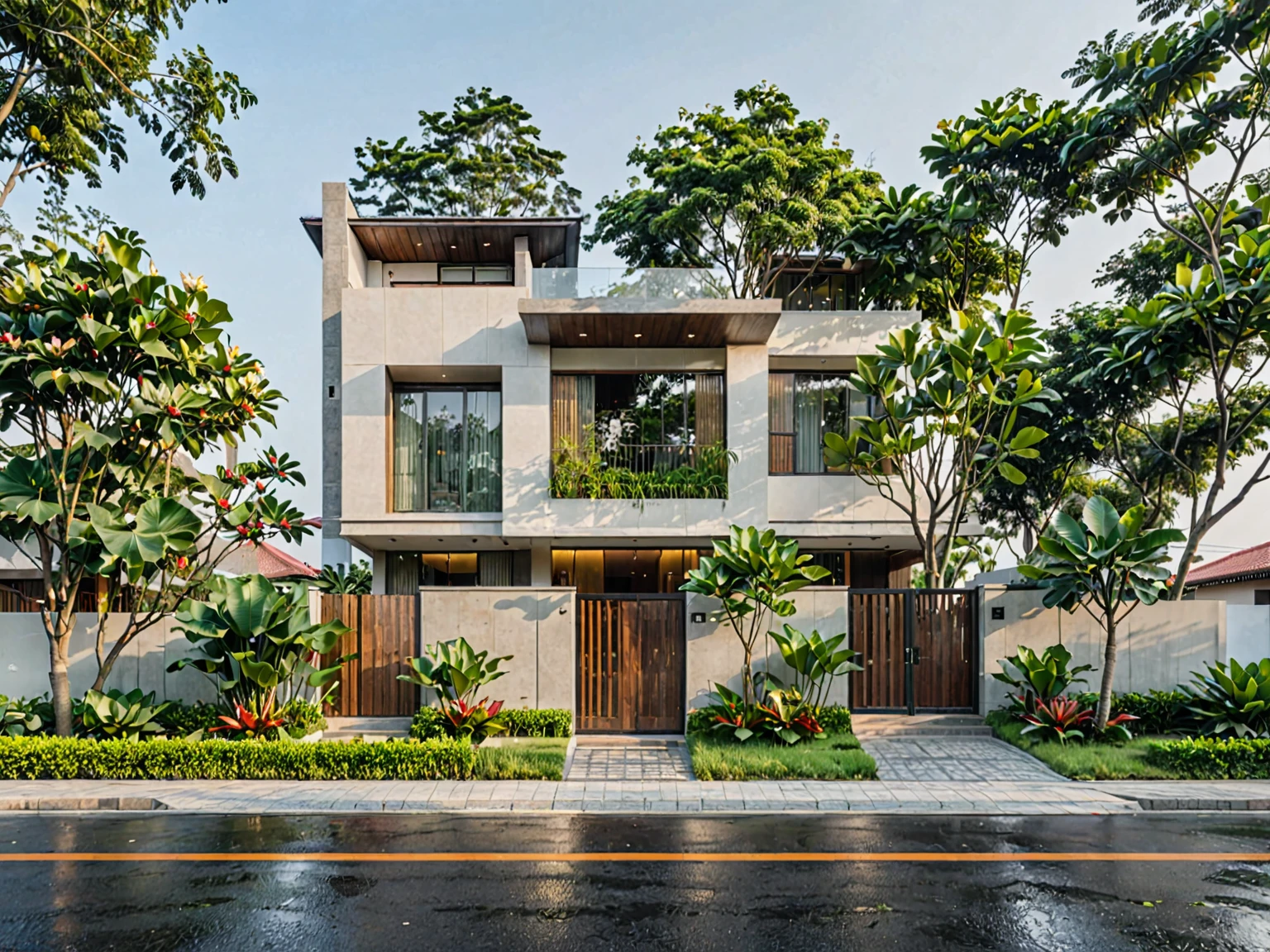 RAW photo of minimalist and modern one-story house, in the new residential area, (road), street, gate, facing the road, (sidewalk), sidewalk tree, Lotus pond and banana trees around, in the style of editorial photography, Canon EOS, ((realistic)), (Sharpen:1.4)