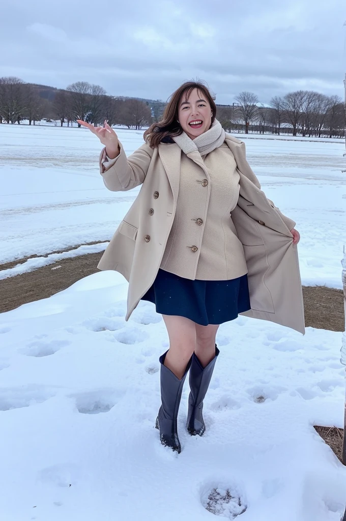 Mature attractive woman、Chubby、Large Breasts、mini skirt、Long coat、Knee-high boots、Laughter、Snowfield、masterpiece、Highest quality