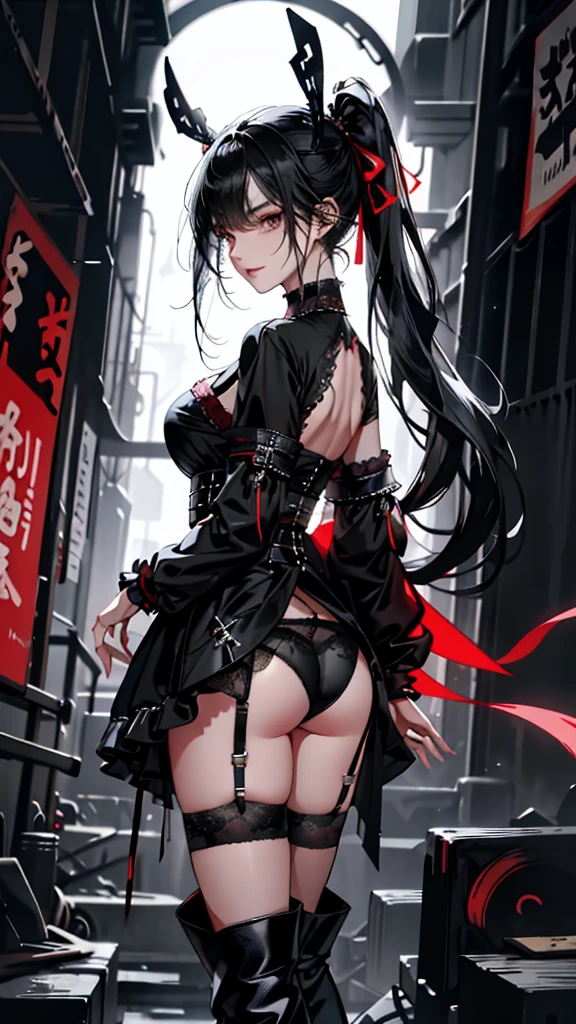 Black hair, bangs, curtained hair, crossed bangs,Messy hair, pony tails,curtained hair, crossed bangs,Messy hair, pony tails,Big hair, (((Long enamel boots、garter belt))), hair ear, hair tying, hair flaps, widow peak, head gear, Hair ribbon, kanzashi, hairpods, white hair ribbon, Moles under eyes, Raised eyebrows, eyeball, Evil smile, crazy, Shy, scowling, jitome, gloom (expression), Seductive smile, anime big breast, Minimalism, Anime style, ((Big breasts and ass)), Minimalism,hyper HD, retinas, Masterpiece, ccurate, Textured skin, Super detail, High quality, High details, Award-Awarded, Best quality, A high resolution, 16k, hyper HD, retinas, Masterpiece, ccurate, Super detail, High quality, High details, Award-Awarded,A high resolution, 16k((Leather Gothic ta Fashion))((Old cityscape background))((Photograph the whole body))((Shiny Costumes))((tand in a back alley at night))