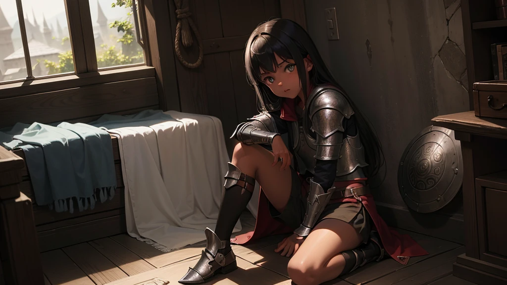 最high quality、high quality、Simple Cloth Armor、10Year-old girl adventurer、Dark maze、Shorts、Equipped with a dagger and a shield、Clothes and armor melted