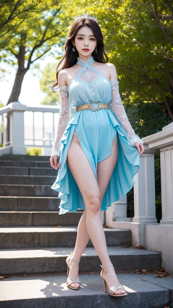 (Best quality),((8K))(Very detailed)(Photography class techniques)On the bridge,A model wearing a gorgeous dress,Standing there with grace。Her makeup is exquisite,Deep eye makeup,Bright lip color,Make her look even more charming and moving。Her posture is confident and natural,Tall and straight,Light on the Step,Every movement is full of feminine charm and confidence。
Her dress is beautifully designed,The details are handled very well。The skirt is fluffy,Full of layers,You can't help but want to touch it。She wore a thin golden belt around her waist.,Showing off her figure perfectly。Her high heels are also very beautiful,The heel is slender,Crystal-encrusted upper,Let her walk more gracefully。
The whole shape is perfect,People can't help but fall for it。Her appearance,Let the pedestrians on the bridge stop and take a look,They cast envious glances。She's like a princess,grace、confidence、beauty,Make people fall for it。