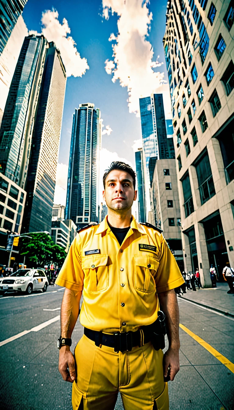Image of a 30 year old man in a yellow security uniform. The man had a serious but friendly expression. He stood in front of the tall buildings in the city, showing a busy urban backdrop. Use the fish camera effect (Fisheye) to provide dynamic and interesting distortion to the image, thus making the man and the background look more dramatic and prominent.
