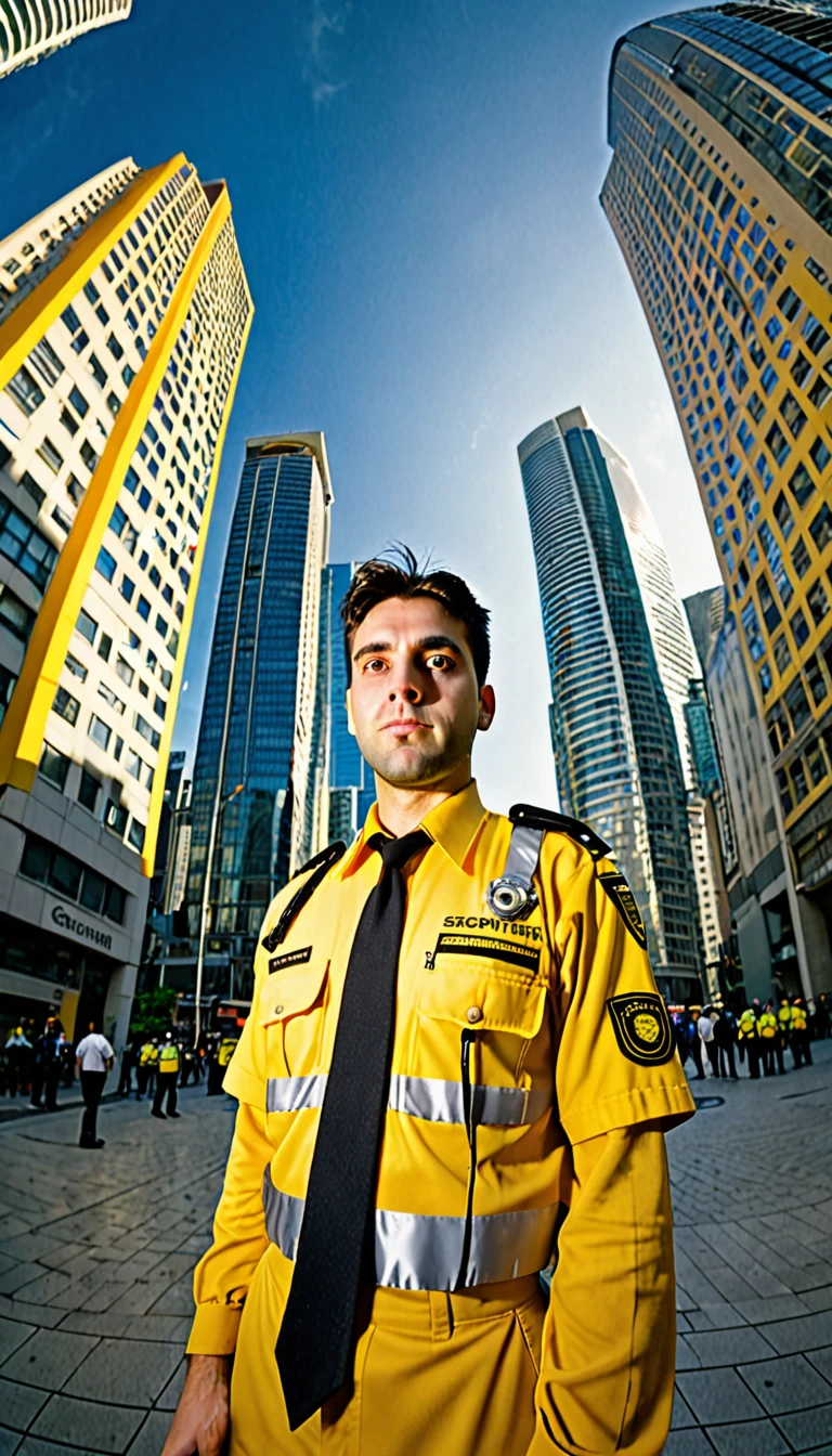 Image of a 30 year old man in a yellow security uniform. The man had a serious but friendly expression. He stood in front of the tall buildings in the city, showing a busy urban backdrop. Use the fish camera effect (Fisheye) to provide dynamic and interesting distortion to the image, thus making the man and the background look more dramatic and prominent.