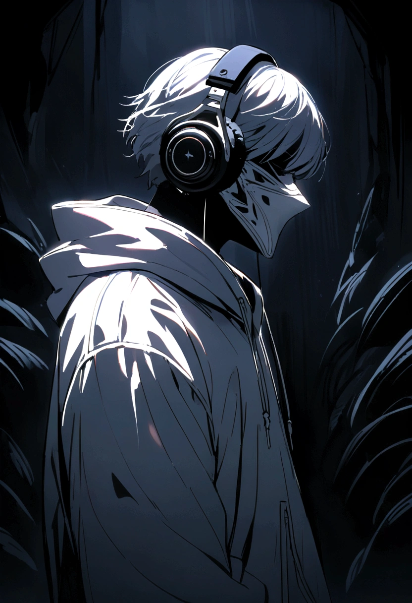 In side pose, A mysterious man stands against a dark and eerie background. His white hoodie and mask give him an air of secrecy, His headphones are、It alludes to the music that is with him in this dark world..