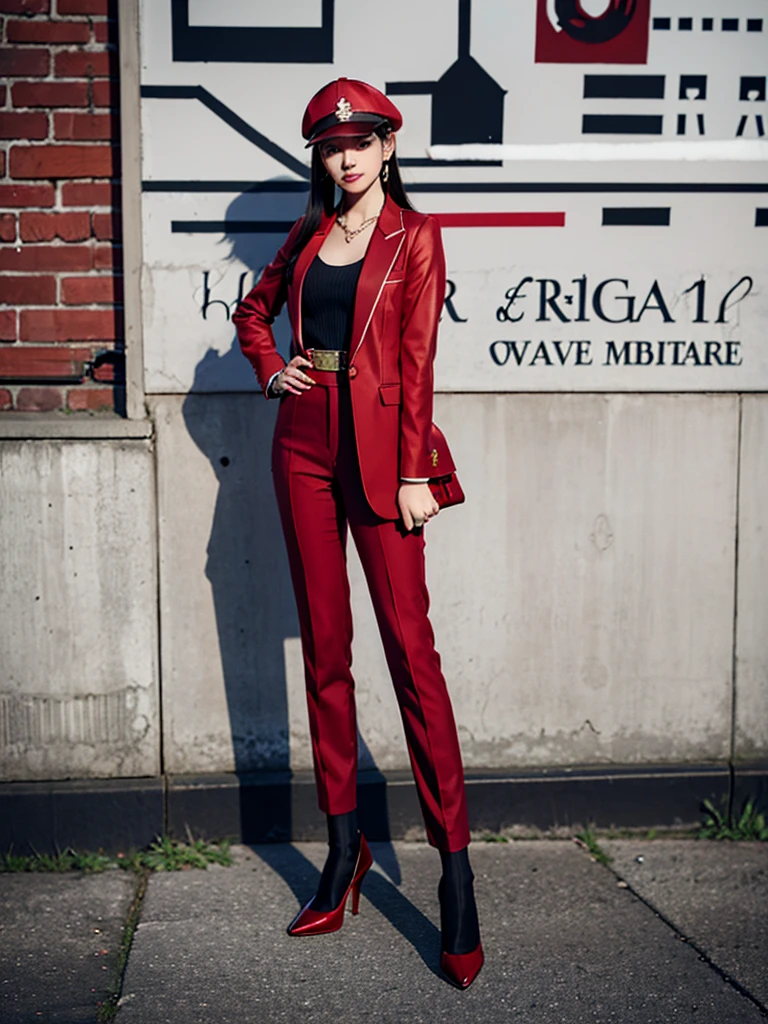 A woman, wearing a Mavia hat, wearing a red blazer, tie, red trousers, red shoes, red gloves, stands while leaning against a black brick wall outdoors at night, with one hand holding a hat covering her pose. face, and on the black brick wall was a gold glowing name that read "GADIS DESA".HD Realistis