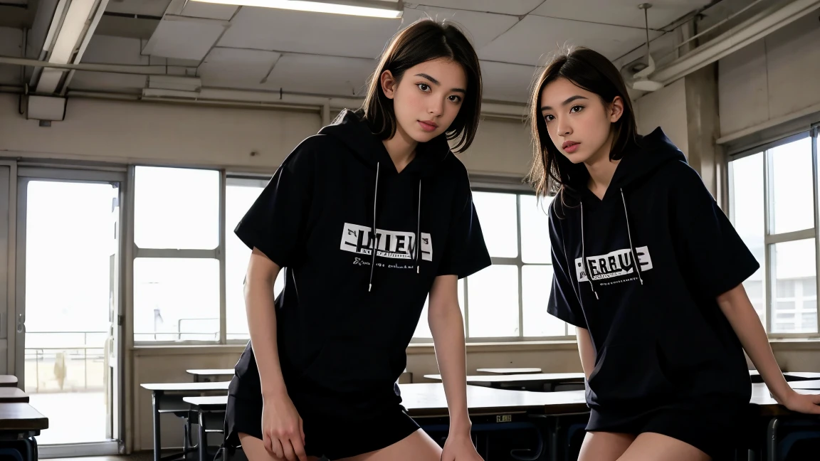 deux femmes ensemble de 18 ans sexy et mince qui se touche , black short sleeve hoodie , dans une salle de classe