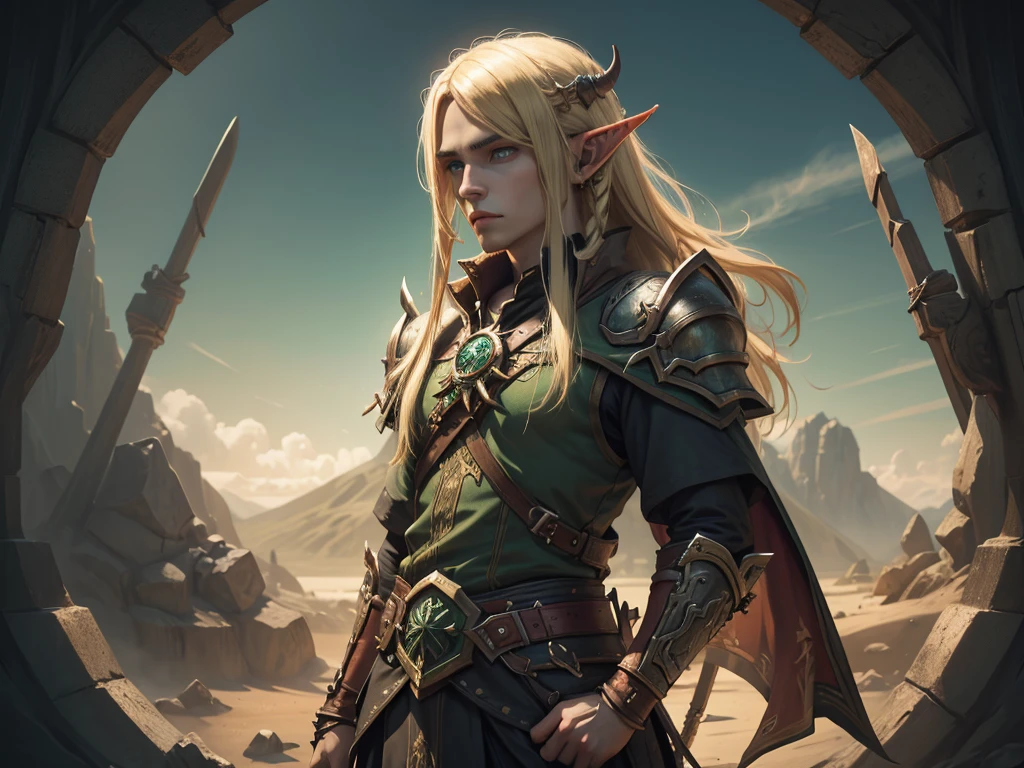 (very aesthetic), (Extremely detailed), (Best Illustration Award), Practical, (Wide Angle), World of Warcraft, World of Warcraft, Blood elves, Male Mage, Green eyes, Blonde long hair, Elf pointed ears, Kael&#39;thas, The background is a burning sky, individual, Elf Man, blonde, Long hair, green glowing eyes, Eyes looking into the distance, Elf pointed ears, Slender body, Red armor with gold ornaments, Clench your fists, Flared shoulder armor, Red Gold Plate Armor, Magic Wand, The whole body is surrounded by 3 green flames, The ground is burning, Look up to the sky, Deep eyes, Wearing a robe with armor, backlighting, (masterpiece), (best quality), UHD