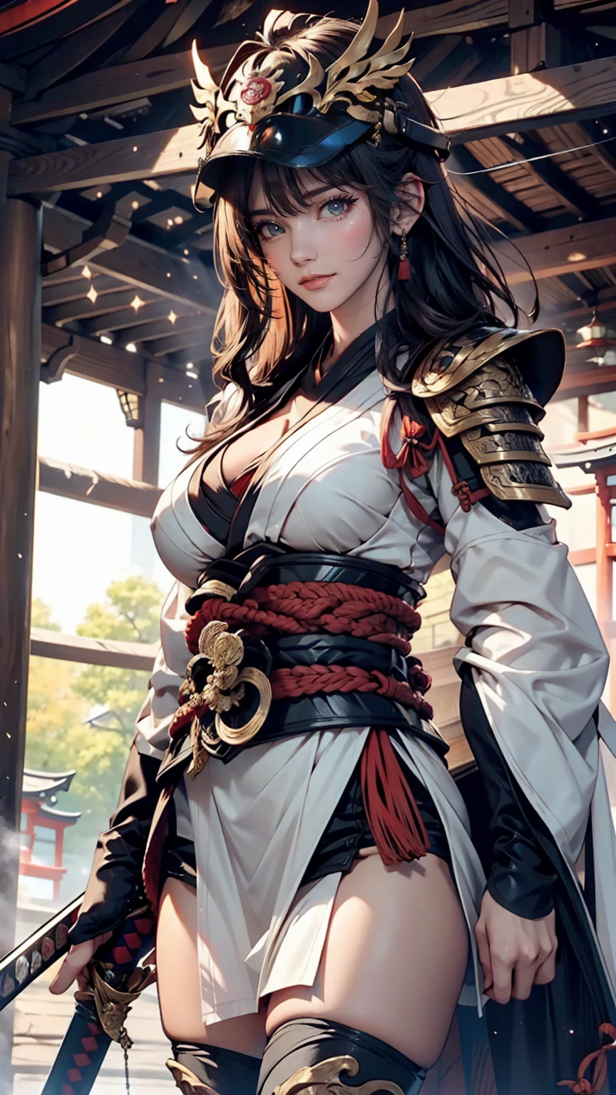 24 year old Caucasian female、Sexy proportions、Put the sword on your waist、Holding a naginata、Japan Armor(Fumaru)Acquire、Put on a helmet