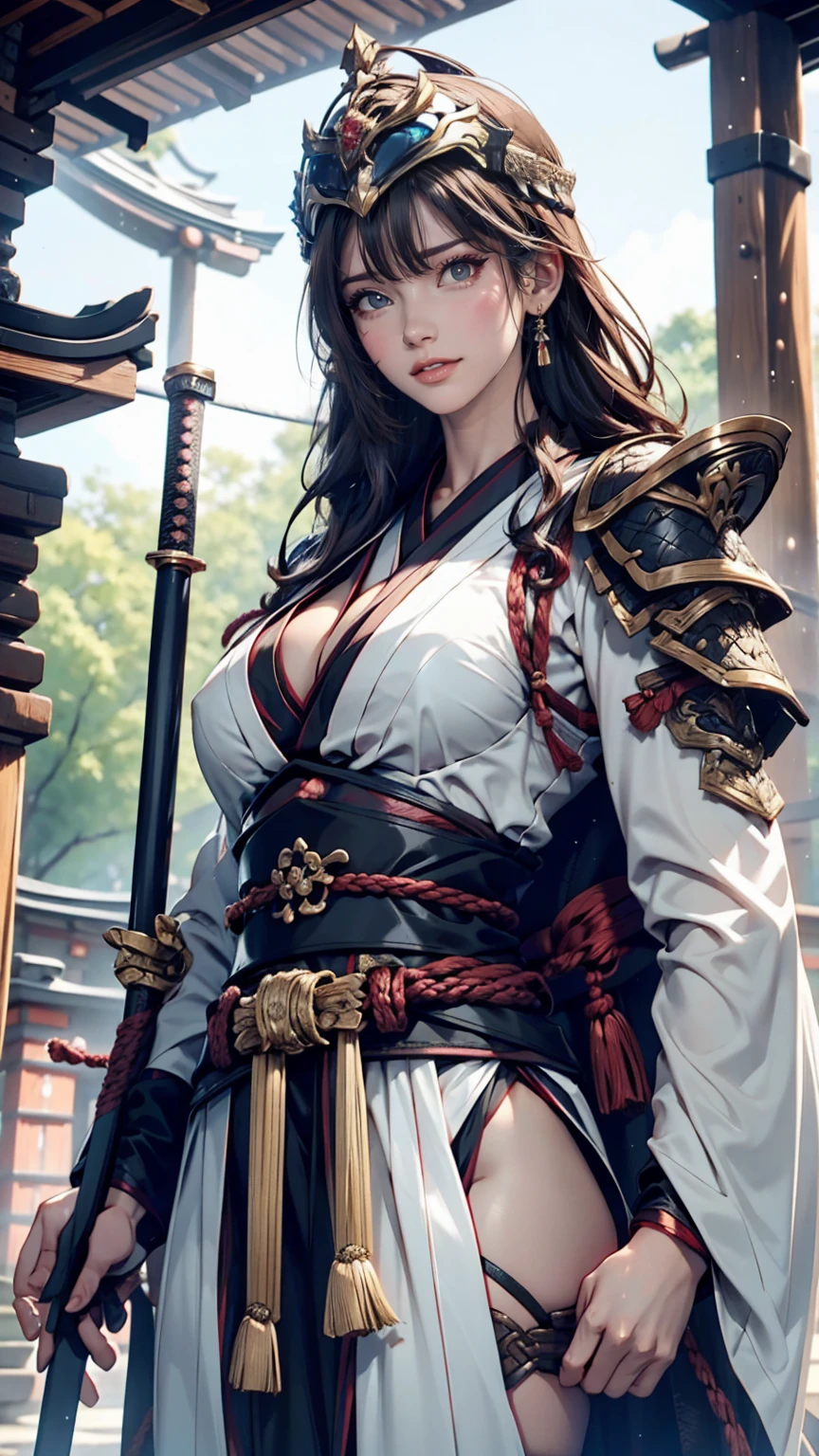 (((RAW image quality:1.4))),8K resolution,Super detailed細なCG画像, pieces fly, Super detailed, Female samurai dressed in a bewitching white costume, long hair, cleavage, captivating blue eyes, has a long sword, knife, And the armor of the wind, Fiery background,knifeを抜いて振るう瞬間, Brilliant sword muscles that emit light, 