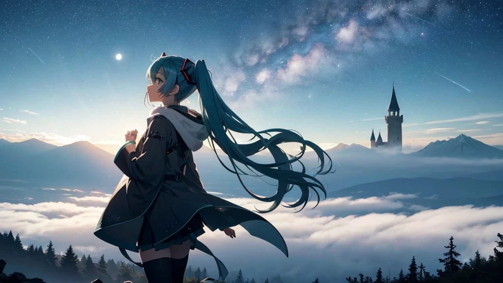 Set against the backdrop of an adventurous fantasy world、This is an image of Hatsune Miku.。She wears a mysterious cloak。The surroundings are shrouded in fog、In the distance you can see the silhouette of an ancient castle。The sky is a starry night、The moon casts a magical light over the forest.。