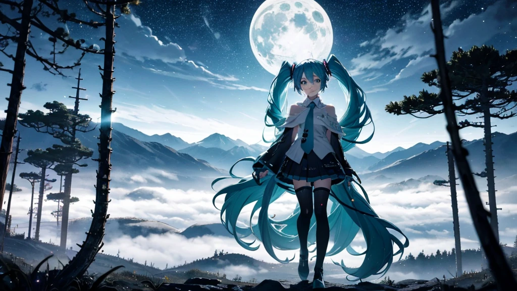 Set against the backdrop of an adventurous fantasy world、This is an image of Hatsune Miku.。She wears a mysterious cloak。The surroundings are shrouded in fog、In the distance you can see the silhouette of an ancient castle。The sky is a starry night、The moon casts a magical light over the forest.。