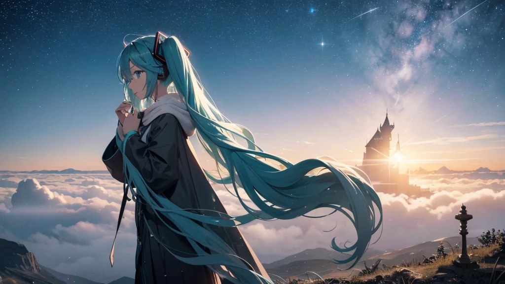 Set against the backdrop of an adventurous fantasy world、This is an image of Hatsune Miku.。She wears a mysterious cloak。The surroundings are shrouded in fog、In the distance you can see the silhouette of an ancient castle。The sky is a starry night、The moon casts a magical light over the forest.。