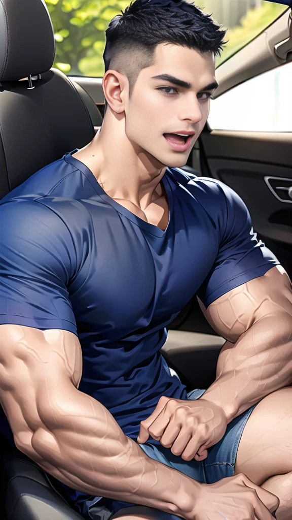 (Create a masterpiece: 1.2),(CGI art:1.3),(realistic:1.5),(After processing:1.3),(Sharp focus:1.3), 1 man holds the steering wheel of a car ,(crew cut short hair:1.8),black eye, smile, (Wear color navy round neck T-shirt with a Police badge: 1.3), Navy blue jeans, Korean guy , korean men, (High gloss details), chest muscles, large arm muscles, blood vessel, Big muscles, Broad shoulders, looking at the audience, Balancing the eyes, middle of the road, (drive a car: 1.5), (in the car: 1.3), , middle of the road, (open mouth:1.2)