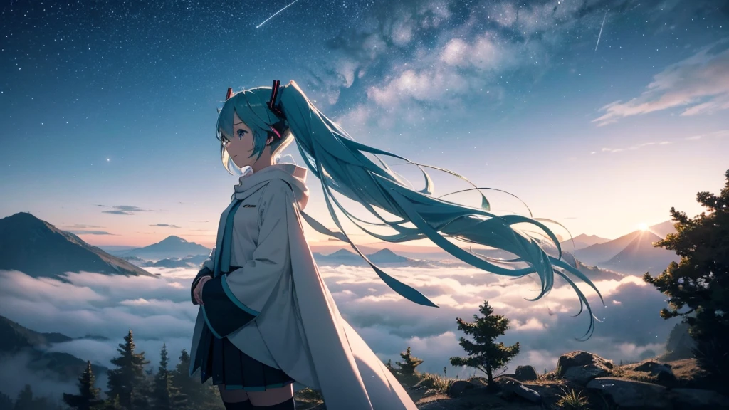 Set against the backdrop of an adventurous fantasy world、This is an image of Hatsune Miku.。She wears a mysterious cloak。The surroundings are shrouded in fog、In the distance you can see the silhouette of an ancient castle。The sky is a starry night、The moon casts a magical light over the forest.。