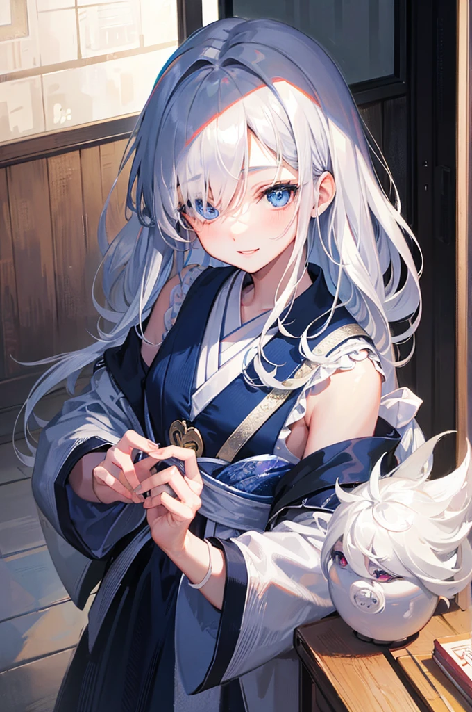 8K, Highest quality, masterpiece, Ultra-detailed、、hair over one eye、Silver Hair、Medium hair 、hair over one eye、full lips、Blue Eyes、18Year-old beauty、Portrait、School、smile、Japanese 、classroom、Random facial expressions