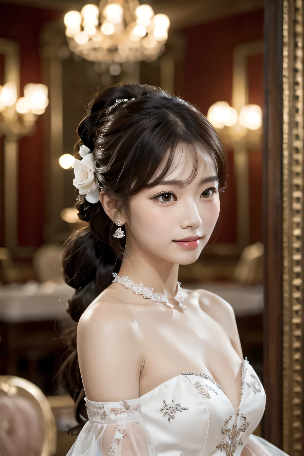 woman, Severe, elegant, dress, Aristocratic, silver element, Long nails, Bare shoulders, Hairstyle, Put your hair up, Braids and ponytails, Messy, arrogant, absurdes, Detailed dress, Royalty, celebration, Hall decorated with flowers, Cowboy Shot, Portraiture, (Highest quality), (masterpiece), (Very detailed), (4K)