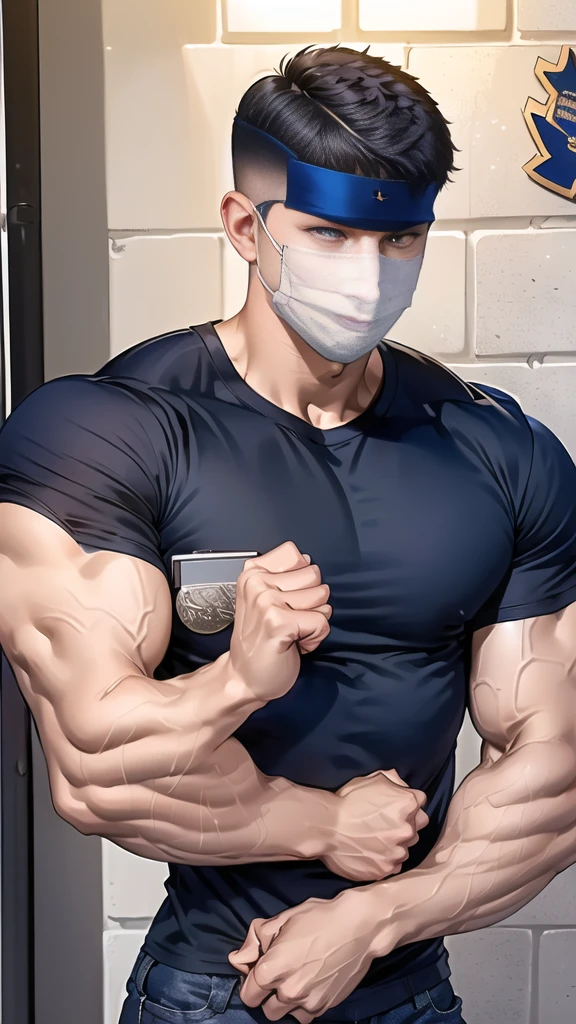 (handsome Man),(crew cut short hair:1.8),black eye,(Wear a fitted round neck t-shirt in navy with a police badge.:1.5),(fit neck),Navy blue jeans,(black_gloves:1.2), Korean guy,chest muscles,large arm muscles, vessel,Big muscles,Broad shoulders, (open mouth:1.2),(face up:1.2),(open eyes:1.5), middle of the road,smile,(backpack:1.3), In front of the bread shop ,(Cotton Mask:1.3