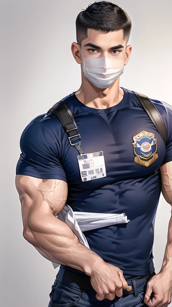 (handsome Man),(crew cut short hair:1.8),black eye,(Wear a fitted round neck t-shirt in navy with a police badge.:1.5),(fit neck),Navy blue jeans,(black_gloves:1.2), Korean guy,chest muscles,large arm muscles,blood vessel,Big muscles,Broad shoulders, (open mouth:1.2),(face up:1.2),(open eyes:1.5), middle of the road,smile,(backpack:1.3), In front of the bread shop ,(Cotton Mask:1.3