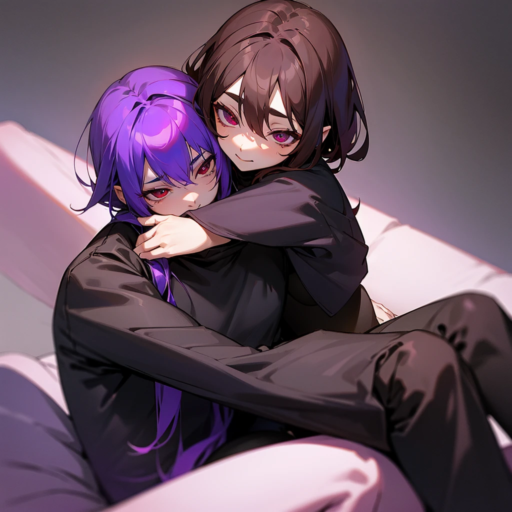 purple haired succubus,red eyes and wearing a short black dress hugging a teenager who is sitting on his legs the teenager has brown hair, dark brown eyes,and wearing black pants and a gray sweatshirt