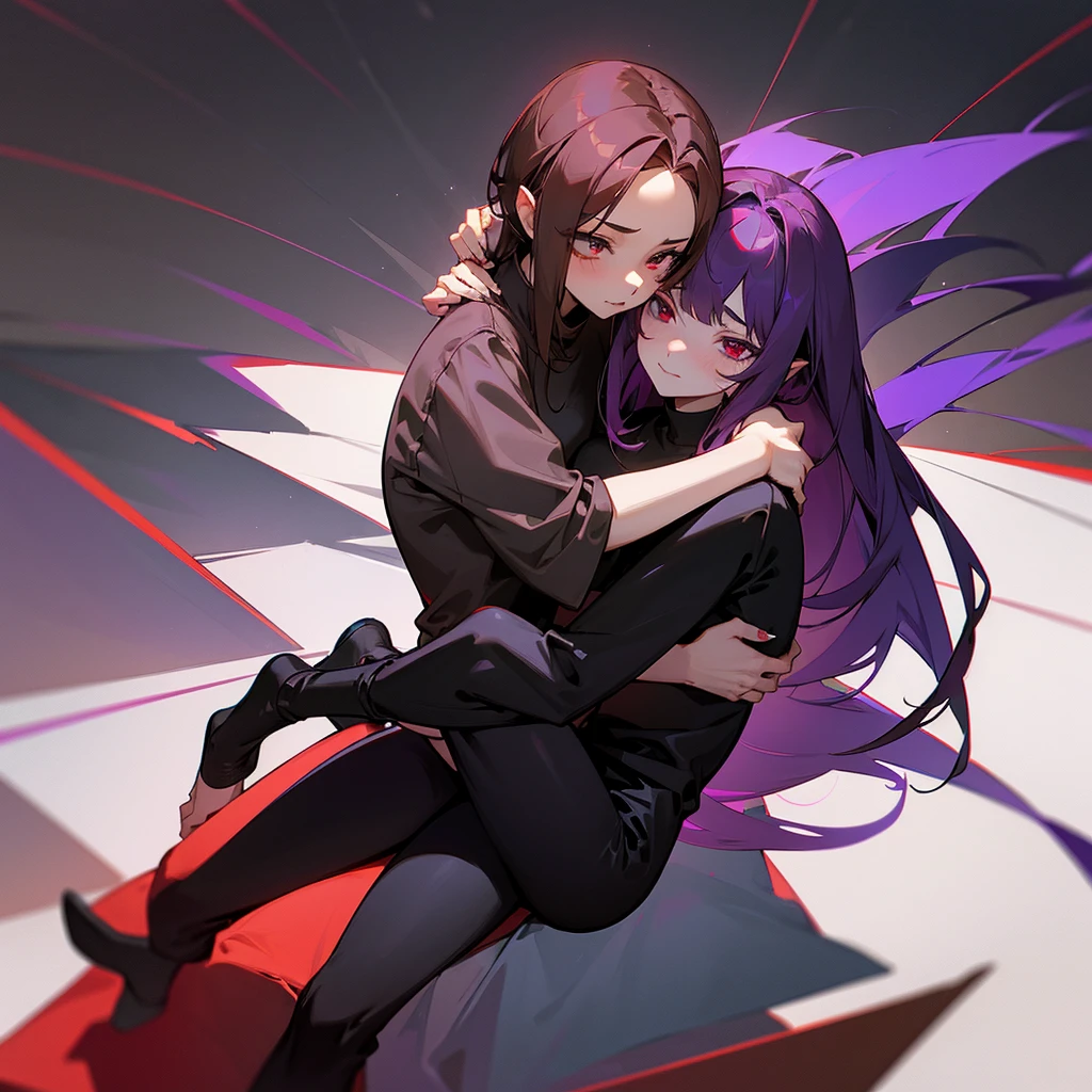 purple haired succubus,red eyes and wearing a short black dress hugging a ager who is sitting on his legs the teen has brown hair, dark brown eyes,and wearing black pants and a gray sweatshirt