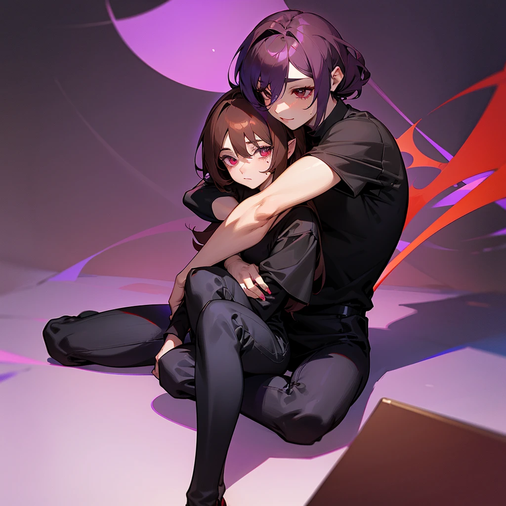 Keito。Purple hoodie。Black Skirt。Purple Eyes。Purple Hair。Black shoes下。Black shoes。Both arms are missing。Blood
