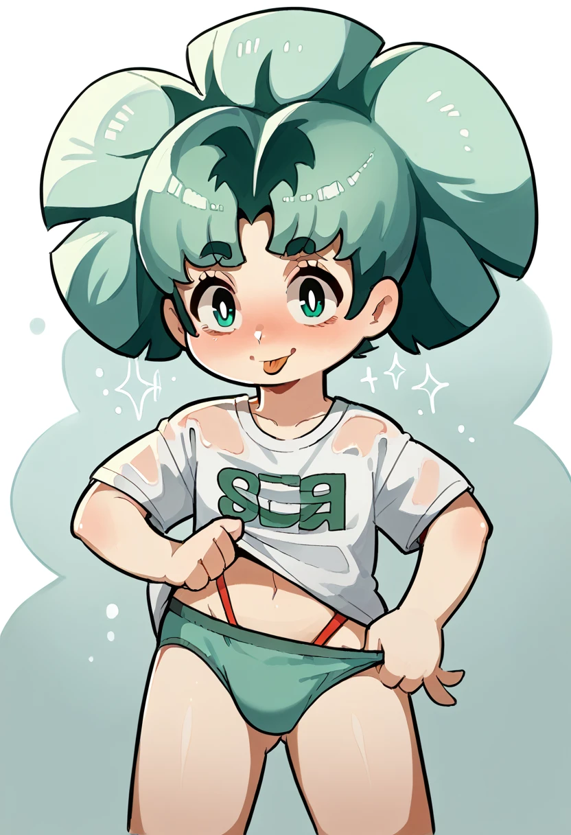 (tezuka osamu style) , loose chibi girl , erotica , Insane Dream , A seductive smile , neat underwear , (focus face) , moist eyes , glossy lips , tongue , front view