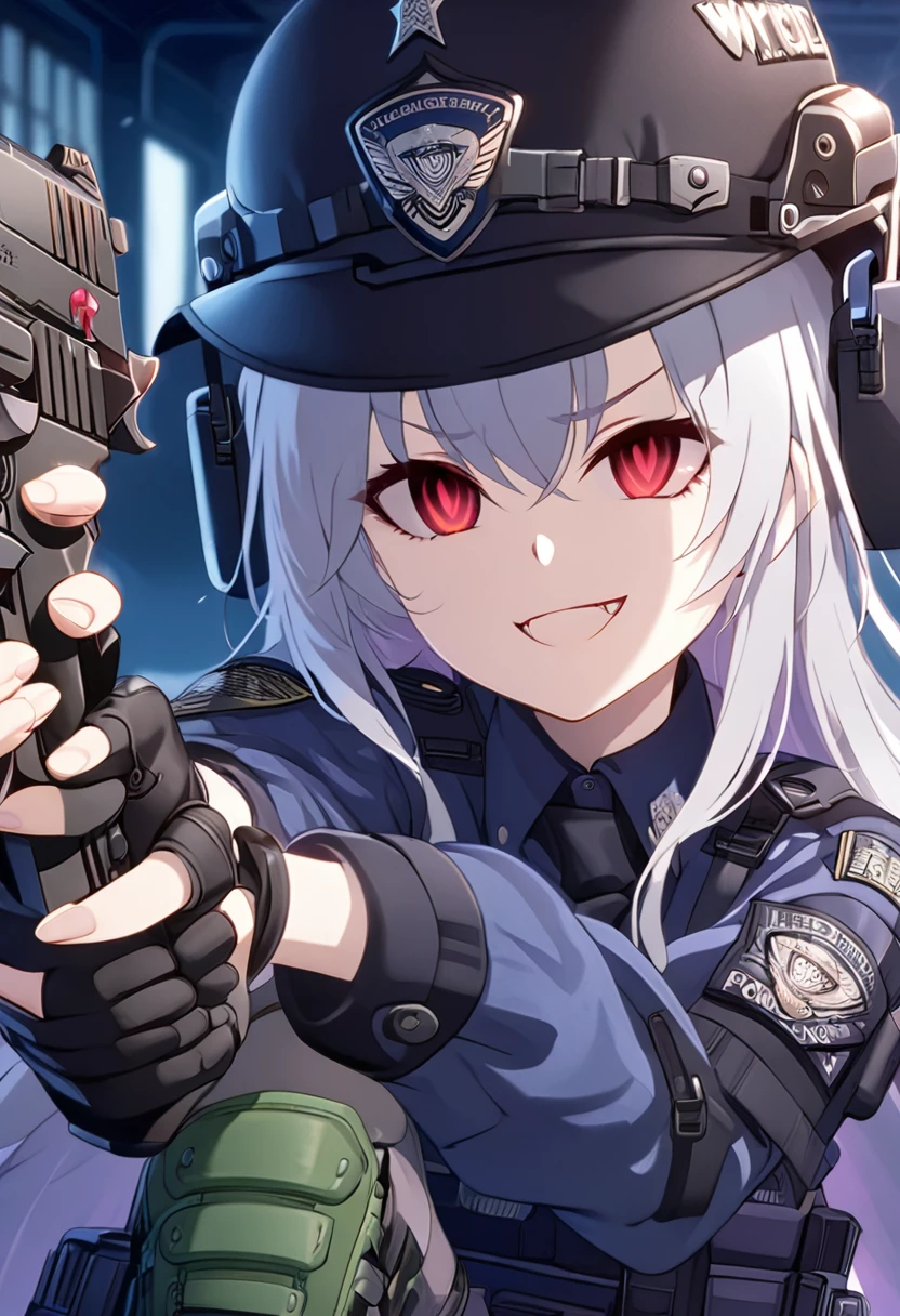 NSFW,1girl,Fox Girl,Slit eyes,Silver Hair,Red eyes,long trimmed hair,high school girl,Police uniform,Mobile Task Force Equipment,Wicked Smile,full Art,skirt lift,BLACK pantie,Pointing a Gun,Handgun,Crotch crack