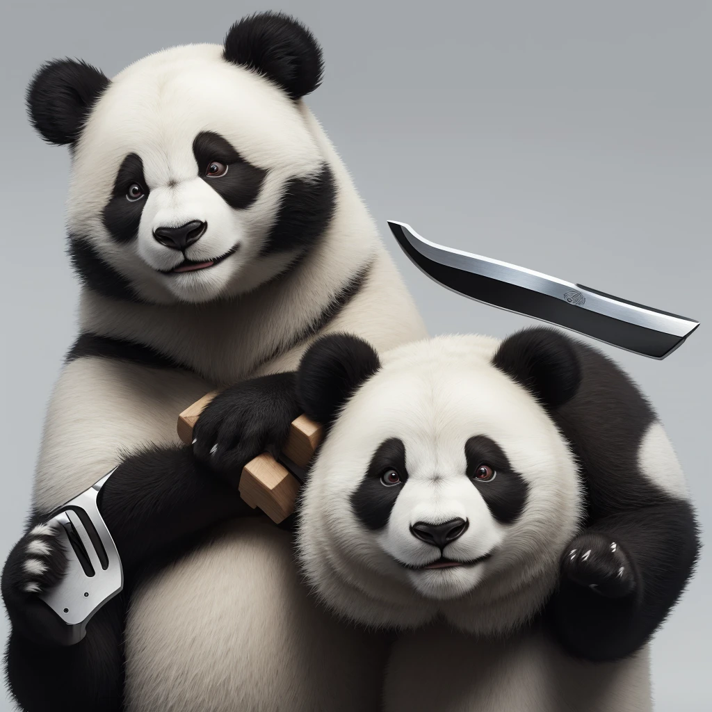 3D stereoscopic panda，human face、Kitchen knife in hand，White background，Ultra-high-definition details