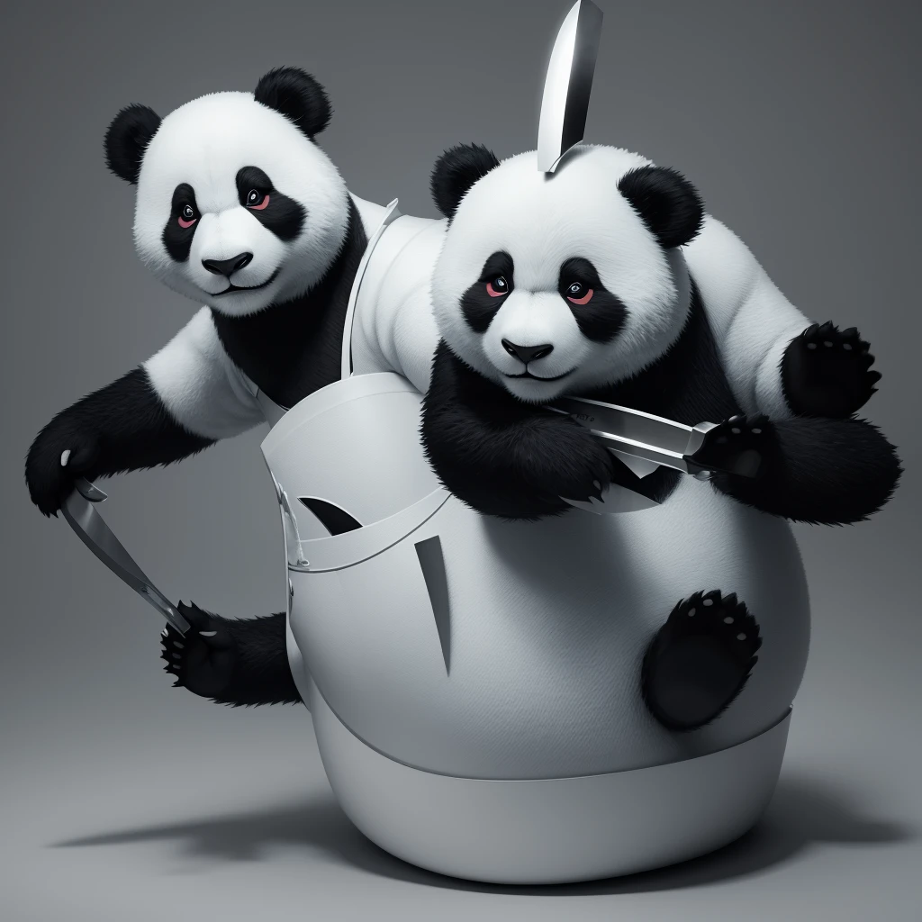 3D stereoscopic panda，human face、Kitchen knife in hand，White background，Ultra-high-definition details