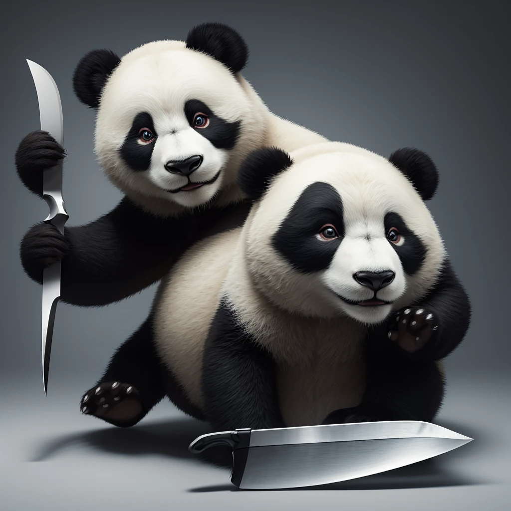3D stereoscopic panda，human face、Kitchen knife in hand，White background，Ultra-high-definition details