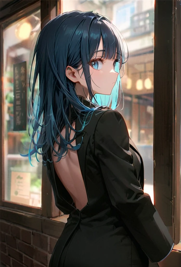 Half body portrait of a young woman  , blue long hair, blue eyes, wears an all black suit. Stand and look back. Look back. Half-body image. Look back. cafe window background ,detailed
