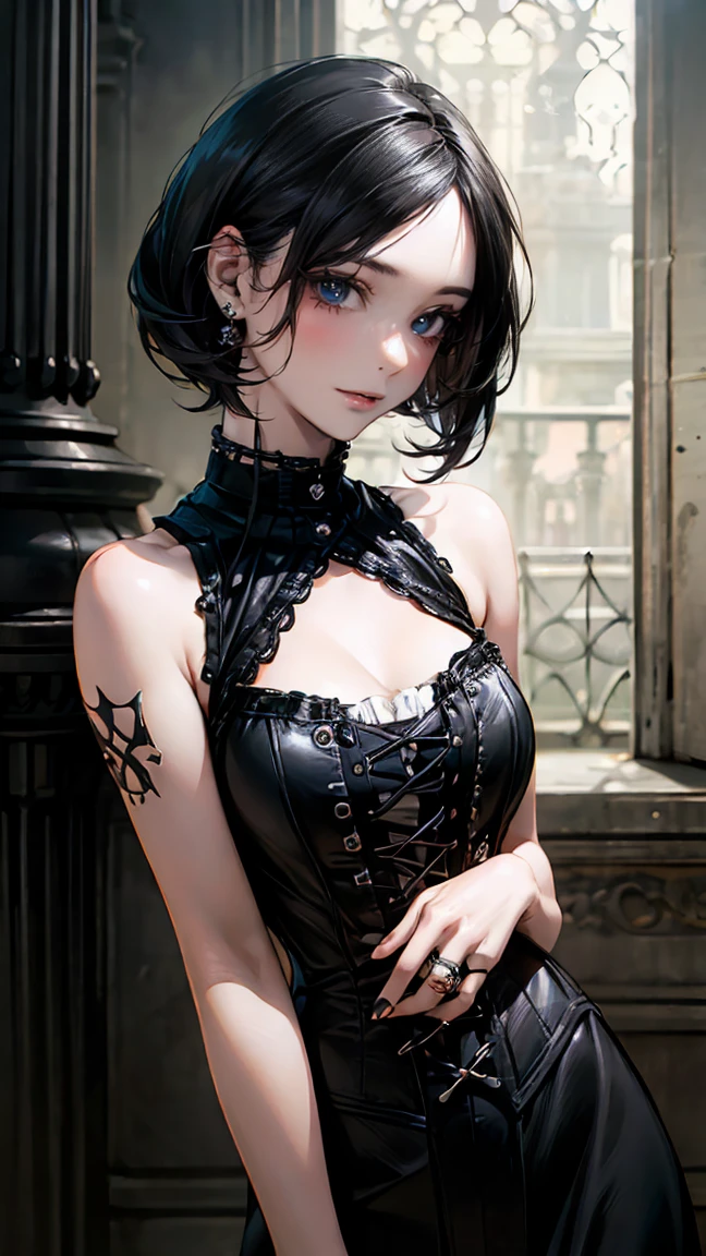 (masterpiece:1.2, highest quality), (realistic, photorealistic:1.4), beautiful illustrations, (natural side lighting, movie lighting),
looking at the viewer, Upper body, (Front view), 1 girl, perfect face, Cute symmetrical face, shiny skin, baby face, long eyelash, (medium breasts), (wide hips:1.2),short cut hair,
beautiful hair, beautiful face, detailed and beautiful eyes, beautiful body, beautiful breasts, beautiful thighs, beautiful feet, beautiful fingers,
(beautiful scenery),(cute smile:1.3, upper eye), 18yo,pale skin,a woman in black corset and goth hair, with piercings, 1girl, solo, black hair, short hair, ring,(pierce:1.5),(punk style:1.5),(gothic dress),(black lips:1.5),
