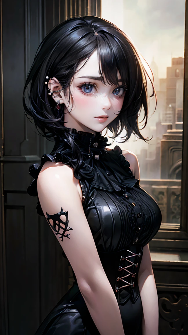 (masterpiece:1.2, highest quality), (realistic, photorealistic:1.4), beautiful illustrations, (natural side lighting, movie lighting),
looking at the viewer, Upper body, (Front view), 1 girl, perfect face, Cute symmetrical face, shiny skin, baby face, long eyelash, (medium breasts), (wide hips:1.2),short cut hair,
beautiful hair, beautiful face, detailed and beautiful eyes, beautiful body, beautiful breasts, beautiful thighs, beautiful feet, beautiful fingers,
(beautiful scenery),(cute smile:1.3, upper eye), 18yo,pale skin,a woman in black corset and goth hair, with piercings, 1girl, solo, black hair, short hair, ring,(pierce:1.5),(punk style:1.5),(gothic dress),(black lips:1.5),