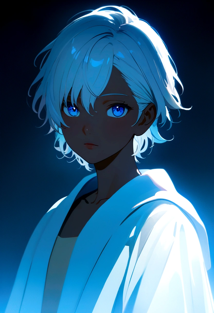 (age:16,male,white hair,blue eyes,white robe with lighting, dark skin), (high resolution,4k,professional,physically-based rendering,vivid colors), (portraits,anime), (lighting:moody,shadow,backlit), (color tone:cool tones,blue hues), Anime
