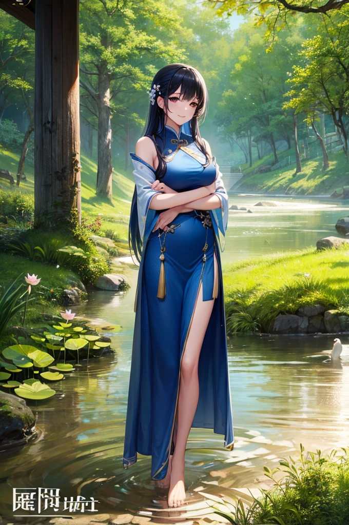 ((4K,masterpiece,Highest quality)), Shui Movissim, Chinese painting, Lotus, Hanfu, Maxi Kit, Dress Open, swf 1 girl, alone, Long Blue Hair, smile, Are standing, Soak your feet in water, barefoot,
