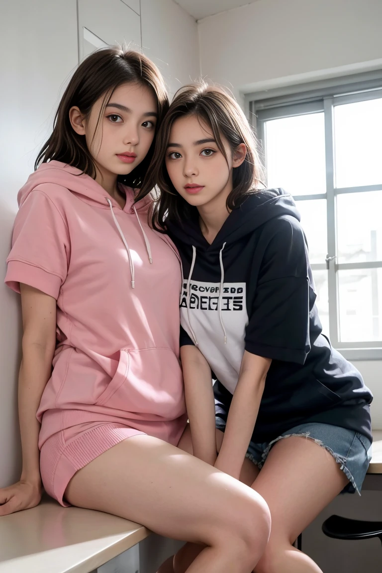 deux femmes ensemble de 18 ans sexy et mince , pink short sleeve hoodie , salle de classe, se touche,position sey,sensuel