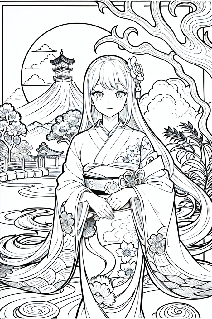 Obra maestra, superlativo,solamente, Dragon cute , flower line drawing background, fondo blanco, monocromo, line drawing, ((bosquejo)), spooky, white eyes, Please create a simple monochrome coloring book that even a can do, depicting a realistic and cute ukiyo-e illustration of a girl in a kimono, in various poses, with a Japanese garden in the background, that conveys Japanese culture.