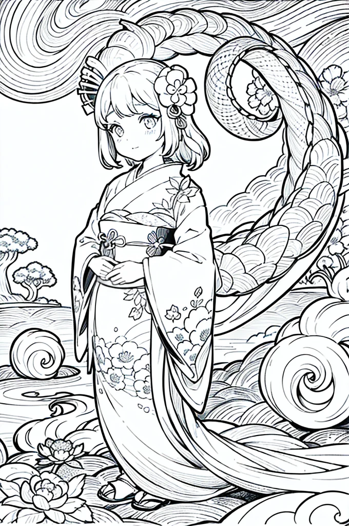 Obra maestra, superlativo,solamente, Dragon cute , flower line drawing background, fondo blanco, monocromo, line drawing, ((bosquejo)), spooky, white eyes, Please create a simple monochrome coloring book that even a can do, depicting a realistic and cute ukiyo-e illustration of a girl in a kimono, in various poses, with a Japanese garden in the background, that conveys Japanese culture.