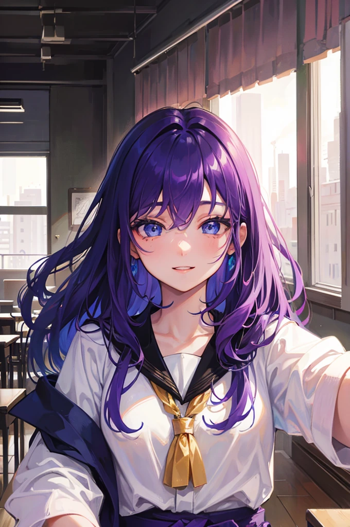 ８K, Highest quality, masterpiece, Ultra-detailed、Purple Hair、Medium hair　、hairs between eyes、full lips、Blue Eyes、１８Year-old beauty、Portrait、School、smile、Japanese 、classroom、Random facial expressions