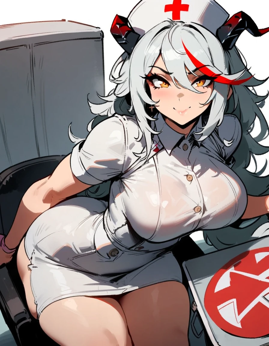 1girl, aegir \(azur lane\), azur lane \\\\\ masterpiece, best quality, very aesthetic, absurdres, newest \\\\\\ sportive body,  \\\\\\ by nyantcha,,by cutesexyrobutts,by khyle ///// white hair with a single prominent red streak, black horns, yellow eyes,  , white (nurse outfit:1.2), skirt, , white pencil skirt, nurse cap, , , a red cross on the cap, standing, (white background:1.2),  rating general, horny smile