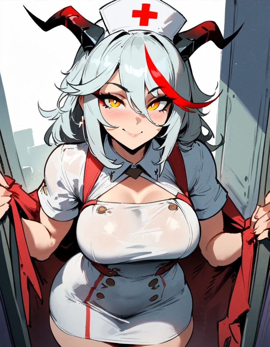 1girl, aegir \(azur lane\), azur lane \\\\\ masterpiece, best quality, very aesthetic, absurdres, newest \\\\\\ sportive body,  \\\\\\ by nyantcha,,by cutesexyrobutts,by khyle ///// white hair with a single prominent red streak, black horns, yellow eyes,  , white (nurse outfit:1.2), skirt, , white pencil skirt, nurse cap, , , a red cross on the cap, standing, (white background:1.2),  rating general, horny smile