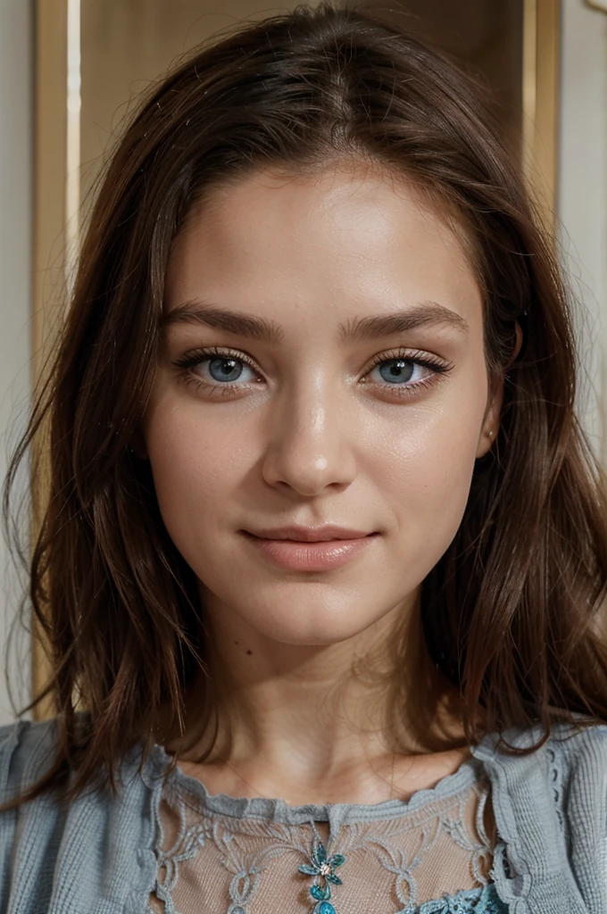 Créer une image d'une jeune fille avec de beaux cheveux bruns, des yeux fermés et un visage attrayant. Les traits de son visage doivent être harmonieux, avec un sourire doux et charmant. Ses cheveux doivent être longs et brillants, encadrant délicatement son visage. Les yeux doivent être fermées. L'ensemble de son apparence doit dégager une beauté naturelle et une aura de gentillesse