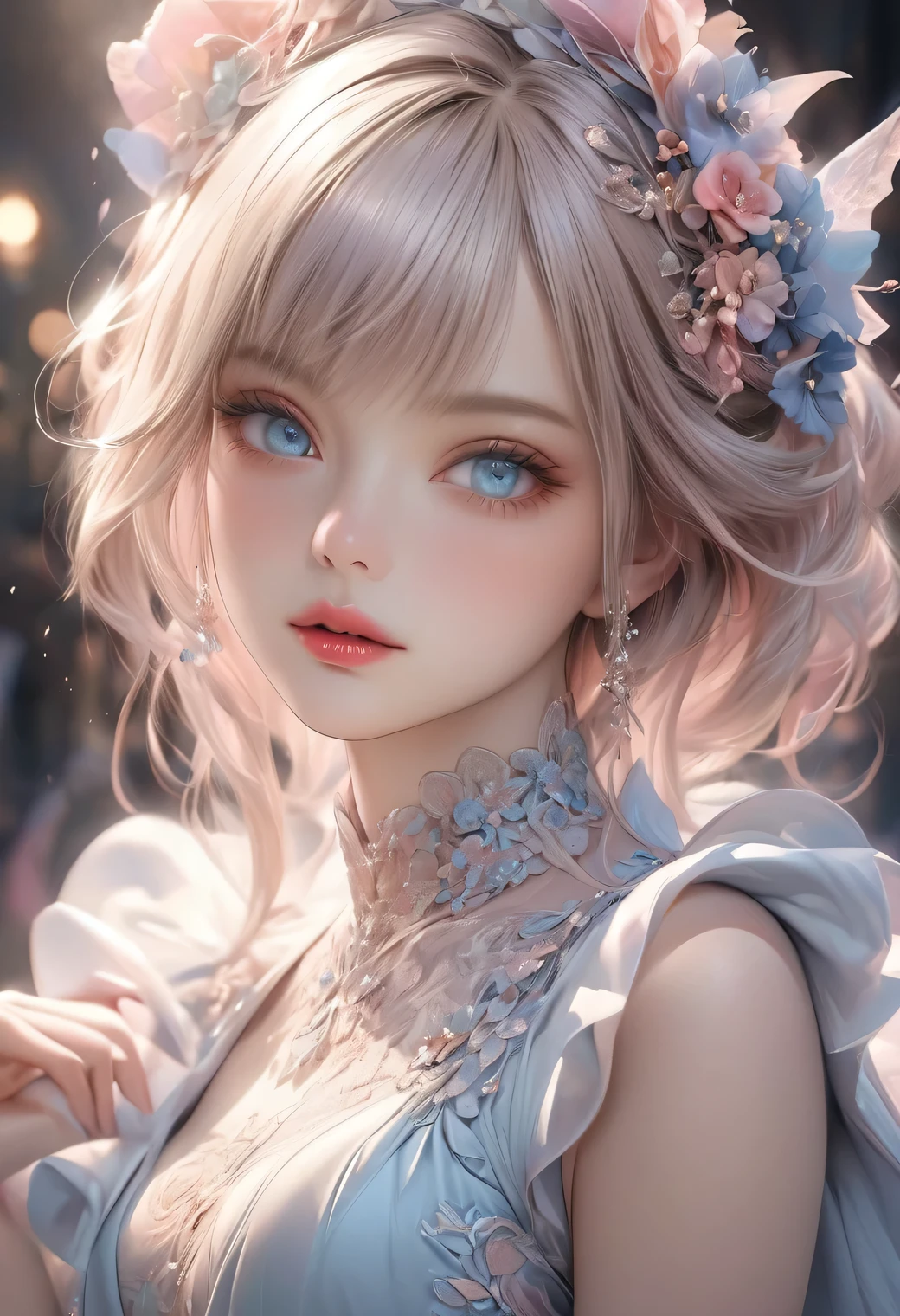 devilishly cute charming girl, through bangs, beautiful detailed eyes, beautiful detailed lips, extremely detailed face, devilish gesture, charming eyes, longeyelashes, 1girl, digital art, pastel colors, soft lighting, cinematic, romantic, ethereal, elegant, stylish, fashionable, mischievous:1.2, (highest quality,16k,highres,masterpiece:1.2),ultra-detailed,(ultra-realistic,photorealistic,photo-realistic:1.37)