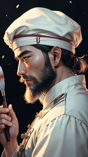 alone、Oriental、Ancient Chinese young man in white costume、Hold the brush and show it、Highest quality、masterpiece、Ultra-high resolution、(Realistic:1.4)、Game Poster、Crisp and beautiful image quality、(Handsome bearded man),Ancient Chinese hairstyle with a large plain white beret that loosely covers the head like a turban、